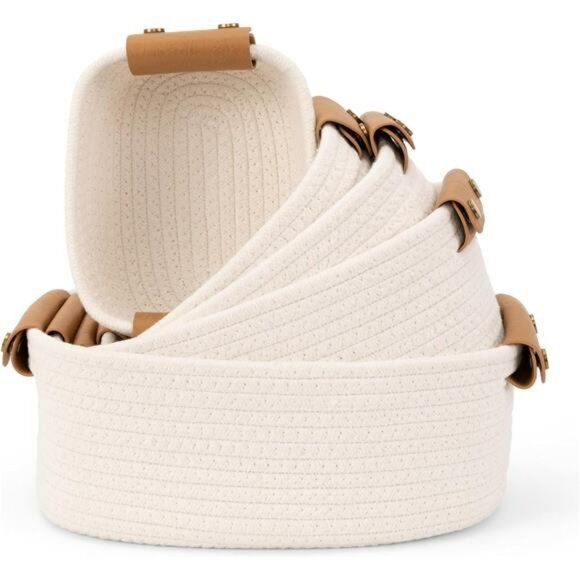 Set of 5 Cotton Rope Storage Baskets for Nursery Closet Bathroom Shelves Bin - Picture 1 of 8
